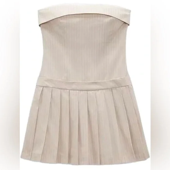 NWT Zara Striped Pleated Strapless Dress - Picture 1 of 7